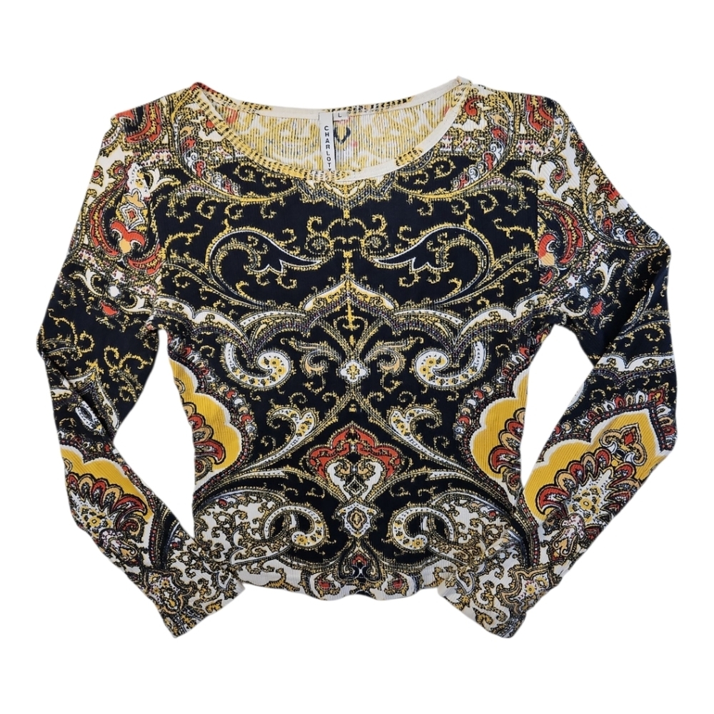 Charlotte Tarantola Y2K Vintage Paisley Ribbed Long Sleeve Top size L